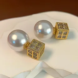 New design pearl earrings. Different jewelry with earrings that can be worn on both sides, sparkling zircon exquisite jewelry