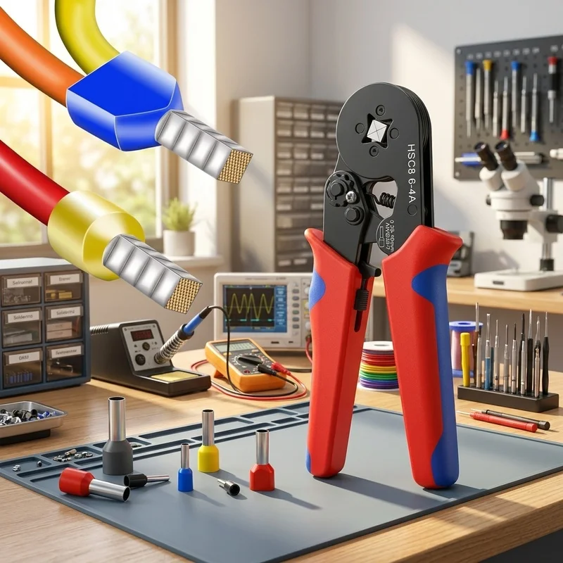 HSC8 6-4A Ferrule Crimping Tool, 0.25-10mm² 23-7AWG Self-Adjusting Ratchet Wire Crimper for Tubular Terminals Electrical Work