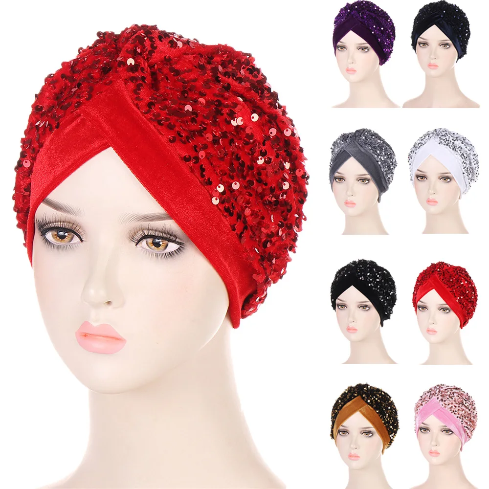 

New Indian Turban Sequin Velvet Chemo Cap Women Muslim Inner Hijab Pleated Hair Loss Headscarf Beanies Bonnet Hat Turbante Mujer