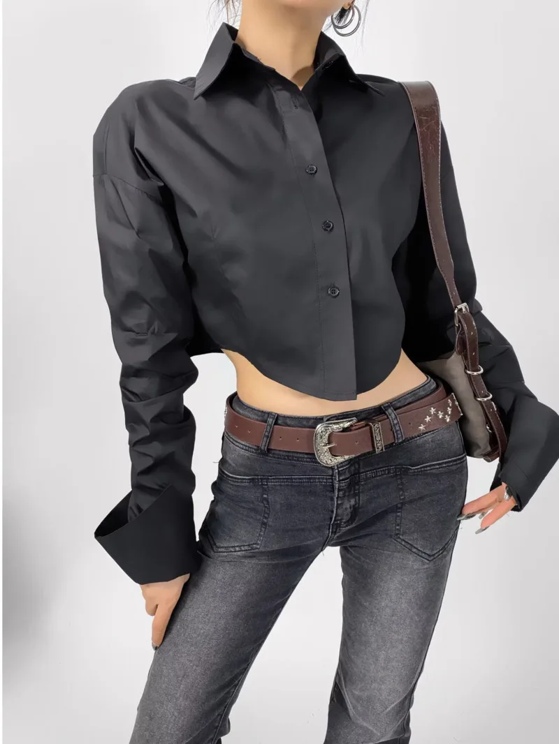 2024 Autumn/Winter New American Style Flip Collar Spicy Girl Single Breasted Long Sleeve Cinching Waist Solid Slim Shirt XJFR