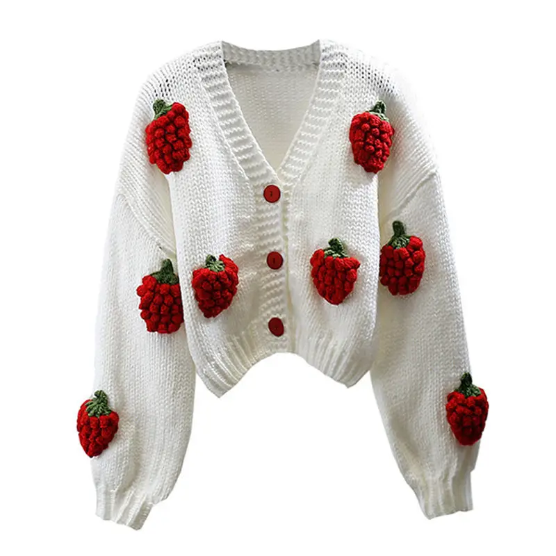 Handmade Crochet 3D Strawberry Aesthetic Knitted Cardigan Contrasting Color Casual Loose Trendy Sweater Coat Women Y2k Sweet Top