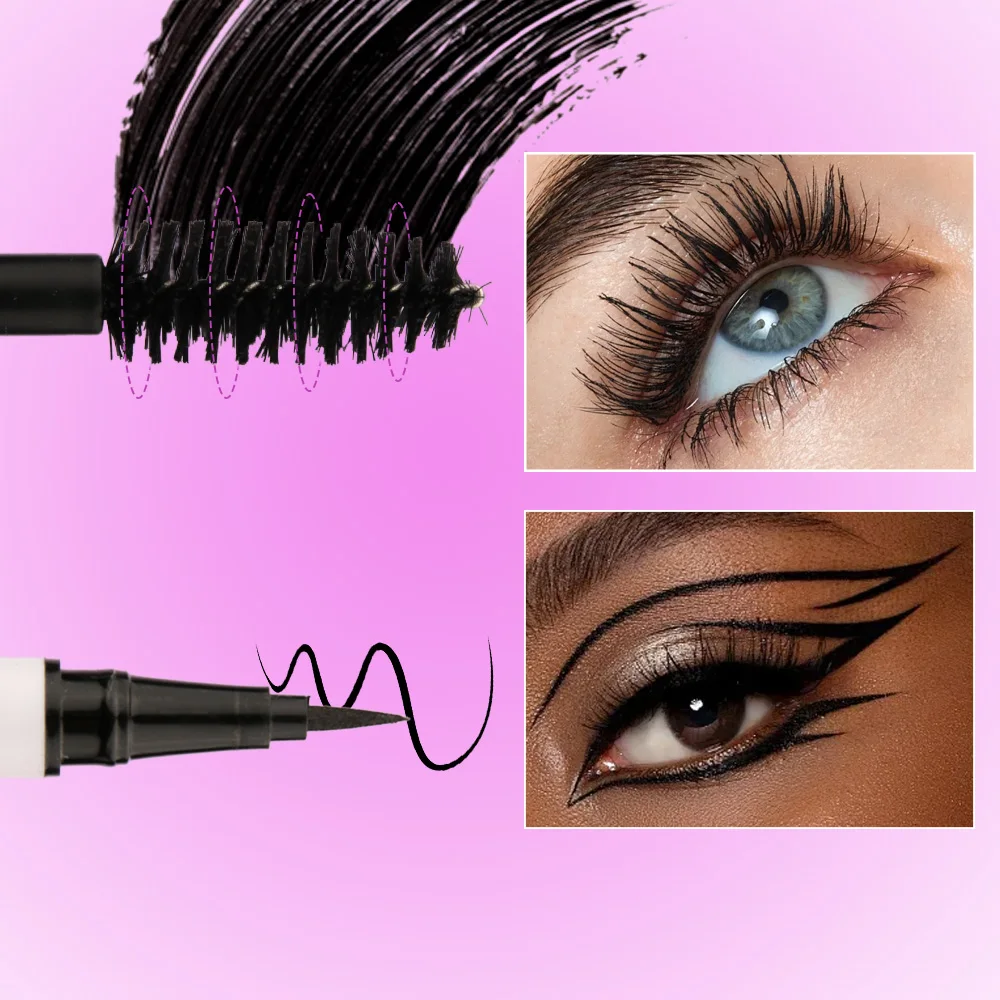 1/2 Pcs 5D Mascara and Eyeliner Set 2 In 1 Liquid Eye Liner Pen Volume Long Lasting Smudge Proof Black Eye Makeup Kit Beginner Friendly Daily