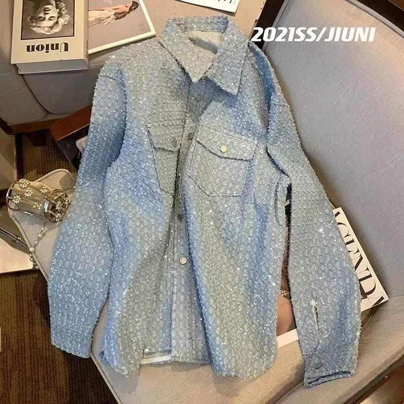 

Spring Autumn New Coat Women Heavy Industry Blue Jacket 2024 Female Street Lovers Loose Fashion Pocket Tops Shirt Jackets