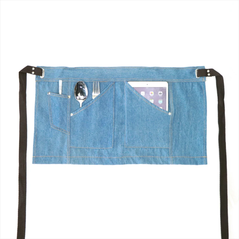 Stil blau Denim Taille halb kurze Schürze mit Taschen Restaurant Kellner Kellnerin Koch Schürze Küchen zubehör