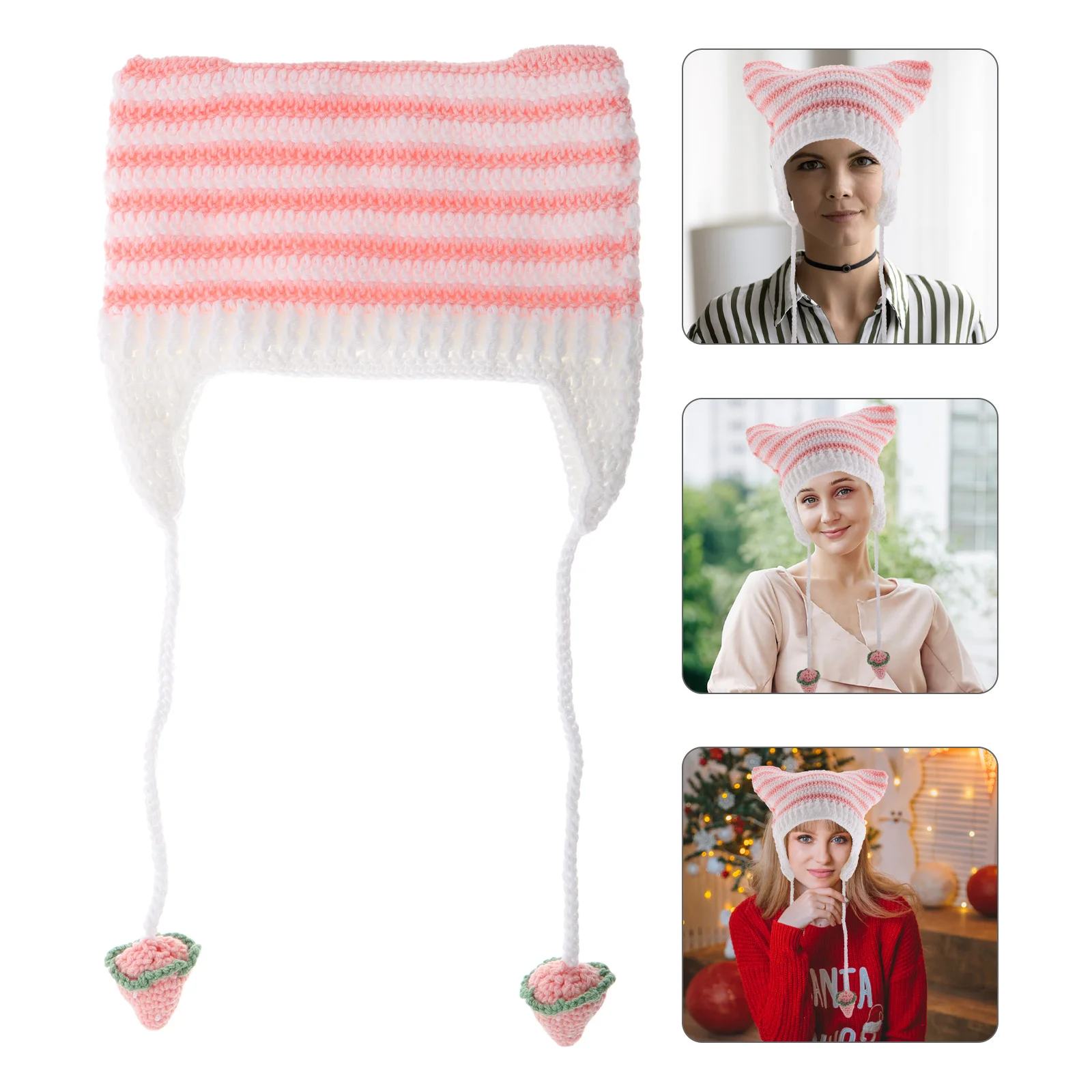 

Cat Ears Beanie Hat for Women with Tab Crochet Bears Knit Acrylic Cute Cold-proof Warm Cap Earmuff Student