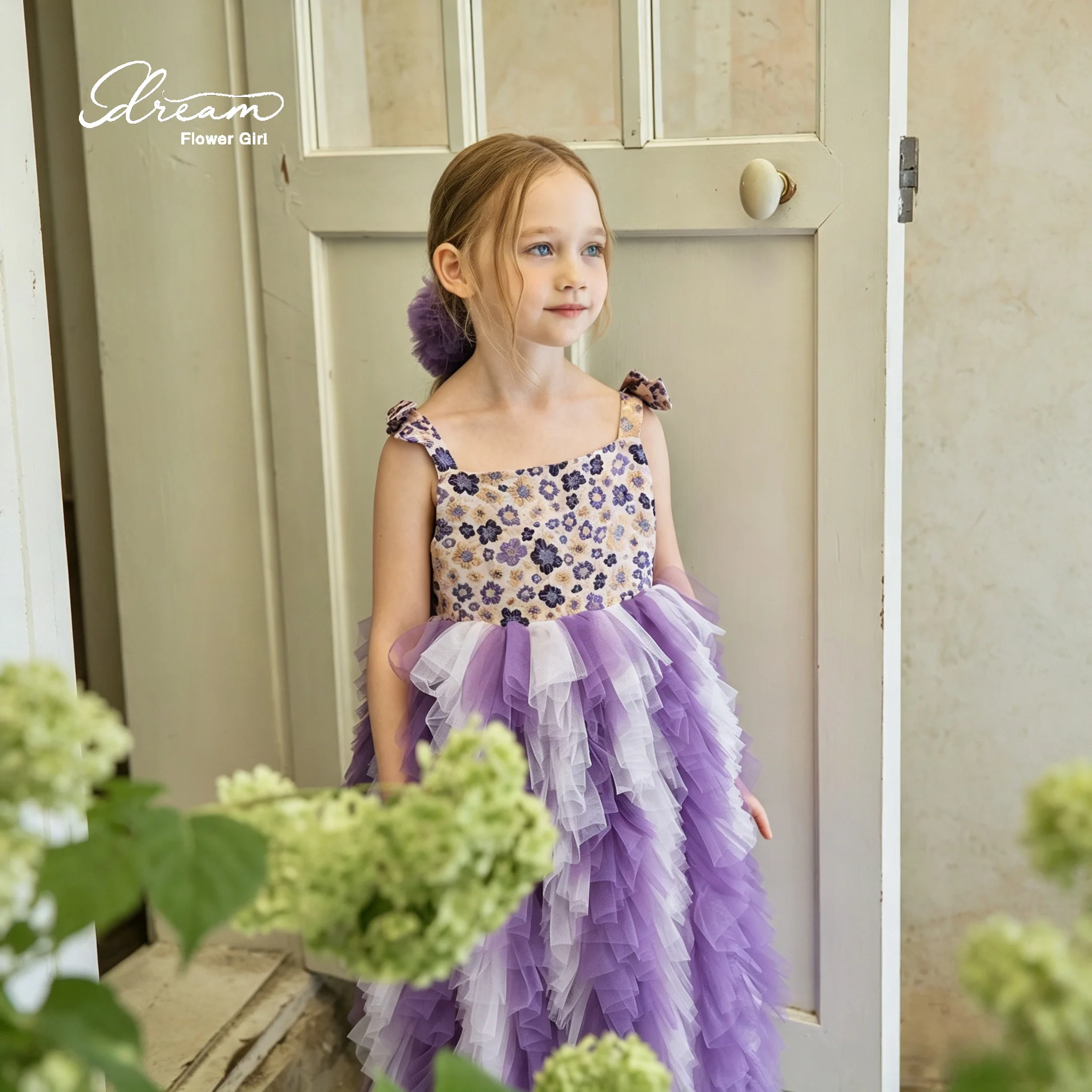 Purple Floral Print Strap Gradient Ruffle Tiered Tulle Flower Girl Gown Toddler Baptism Wedding Birthday Long Princess Dress