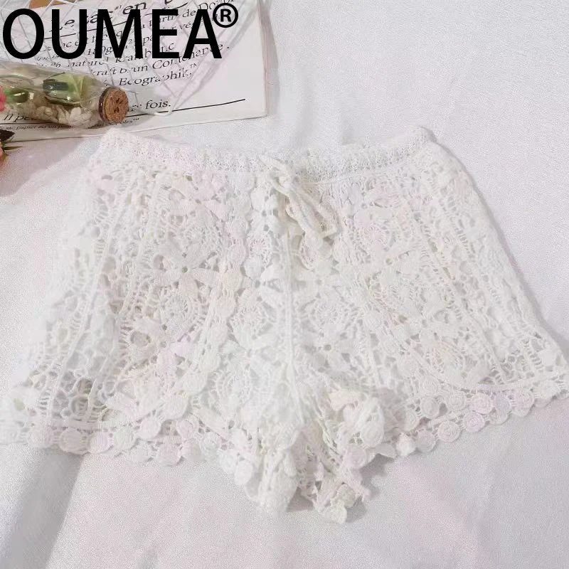 OUMEA Women Cotton Crochet Chic Shorts Elastic Waist Summer Floarl Hot Casual Beach Retro Knitting Short