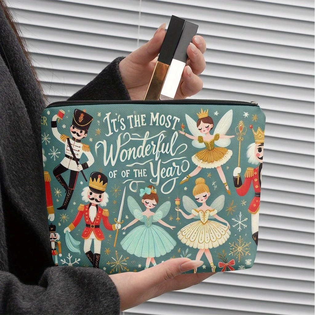 Nutcracker Soldier Ballerina Makeup Bag Elegant Teal Golden Ballet Cosmetic Organizer Zipper Christmas Chic Gift Storage Bag