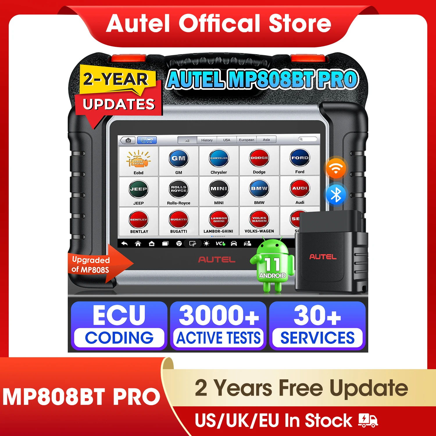 Autel MaxiPRO MP808BT Pro OBD2 Car Diagnostic Tool ECU Coding Refresh Hidden 38+ Service & VAG Guided Upgrade of DS808 MP808S