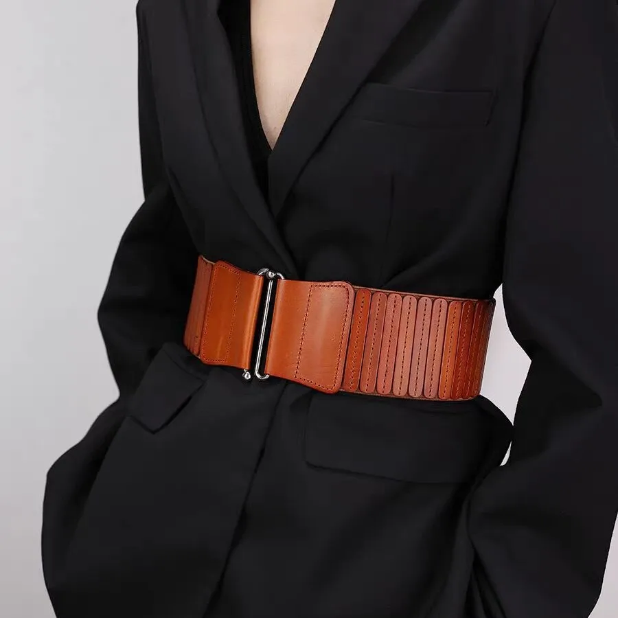 Genuine Leather Women's Extra Wide Waist Belt, Elastic Cowhide Versatile Fashion Decorative Waist Cincher