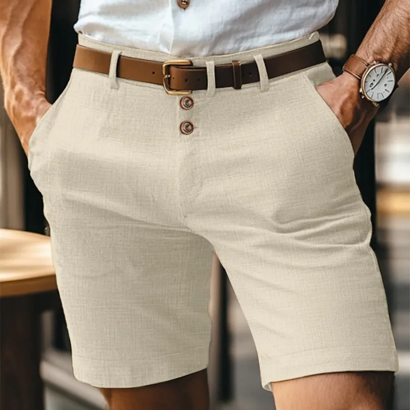 2026 Europe Style Casual Beach Short Pants Men's Vintage Stand Pocket Cotton Linen Shorts Solid White Triple Buttons Up Hotpants
