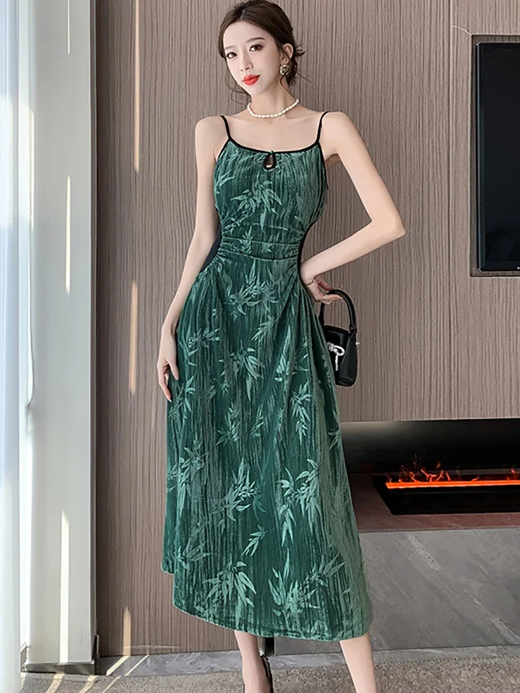 Women Green Print Velvet Sling Long Dress Autumn Winter Chi Backless Sexy Club Prom Dresses 2024 Korean Vintage Elegant Vestidos