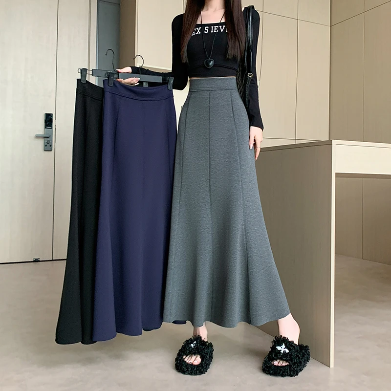 

2025 New Gray Mermaid Skirts for Petite Women, High Waist A-Line Bodycon Maxi Skirt with Draped Hem for Autumn Slimming Fit