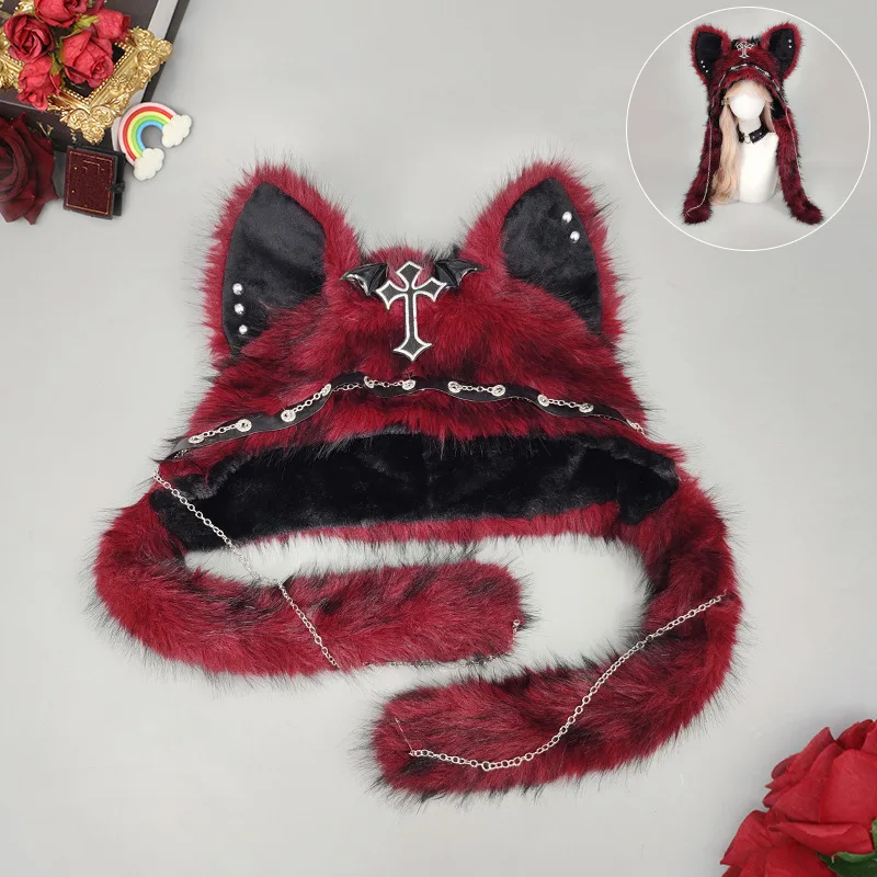 Gothic Punk Cat Ear Hat met kruisvleugelketting Decoratie Pluche warme wintermuts Alternatieve meisjes Y2K Rock Music Festival Party