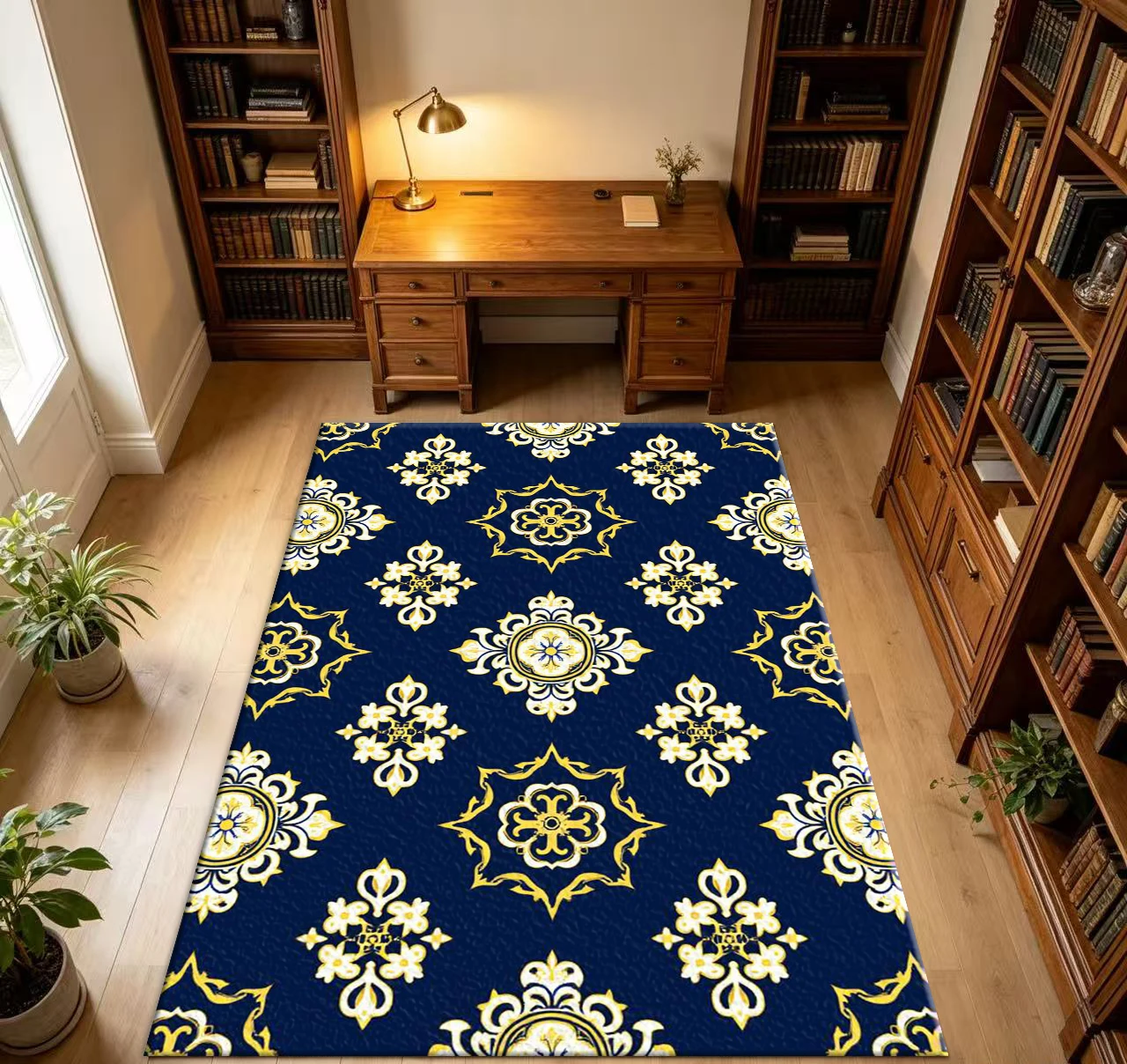 Navy Blue Gold Ornate Medallion Pattern Area Rug Living Room Indoor Home Decor