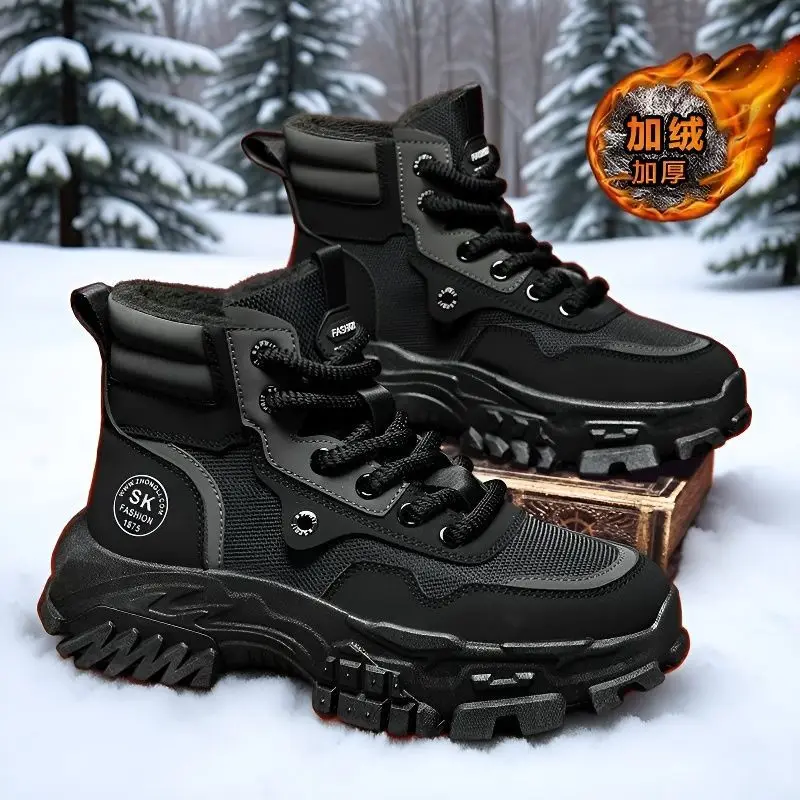 

Мужские зимние зимние ботинки, рабочие ботинки с термоподкладкой, черные высокие туфли, нескользящие теплые ботинки на платформе