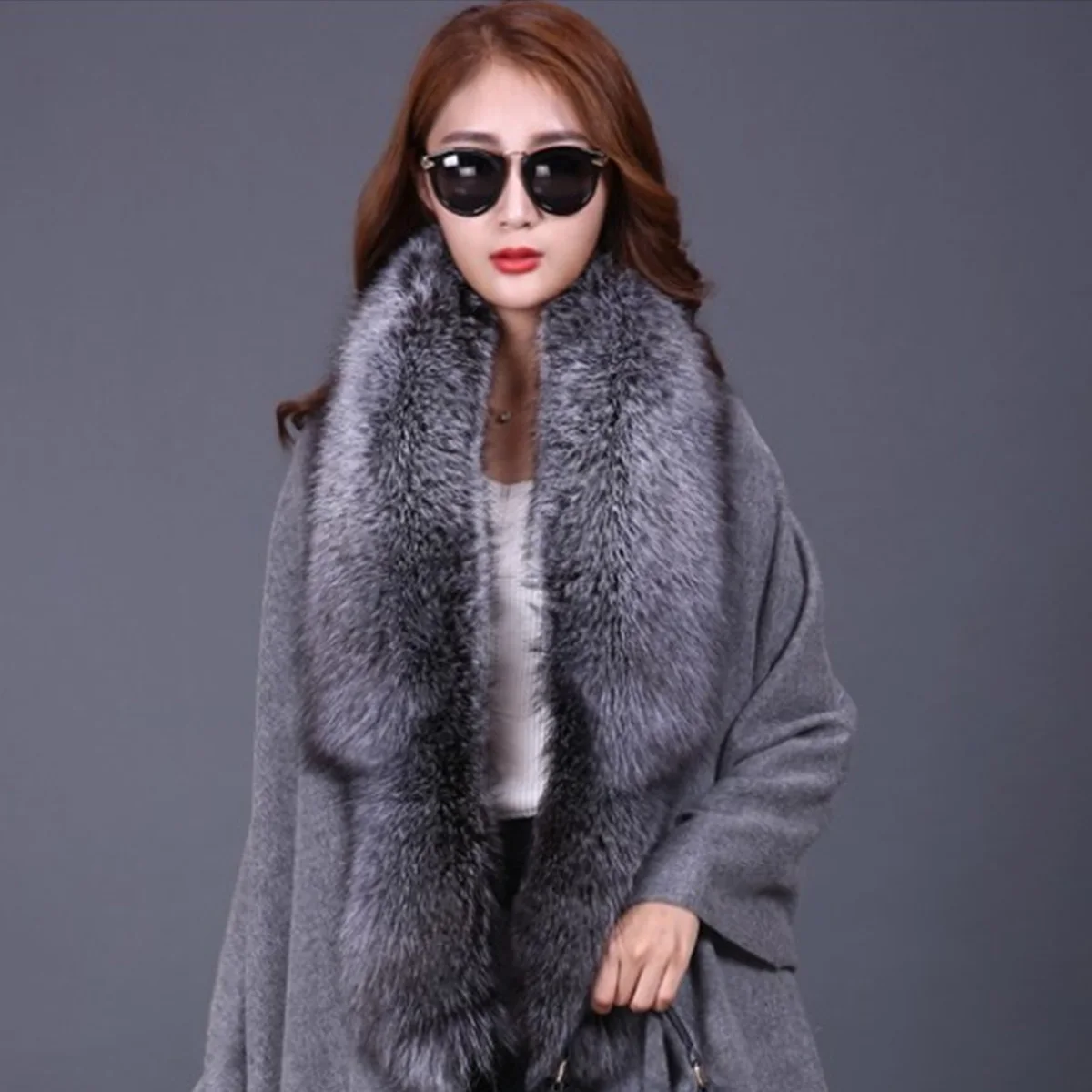 Genuine Leather Wool Fur Shawl With Fox Fur Collar Women's Genuine Leather Fur Shawl New Arrival Women's Shawl