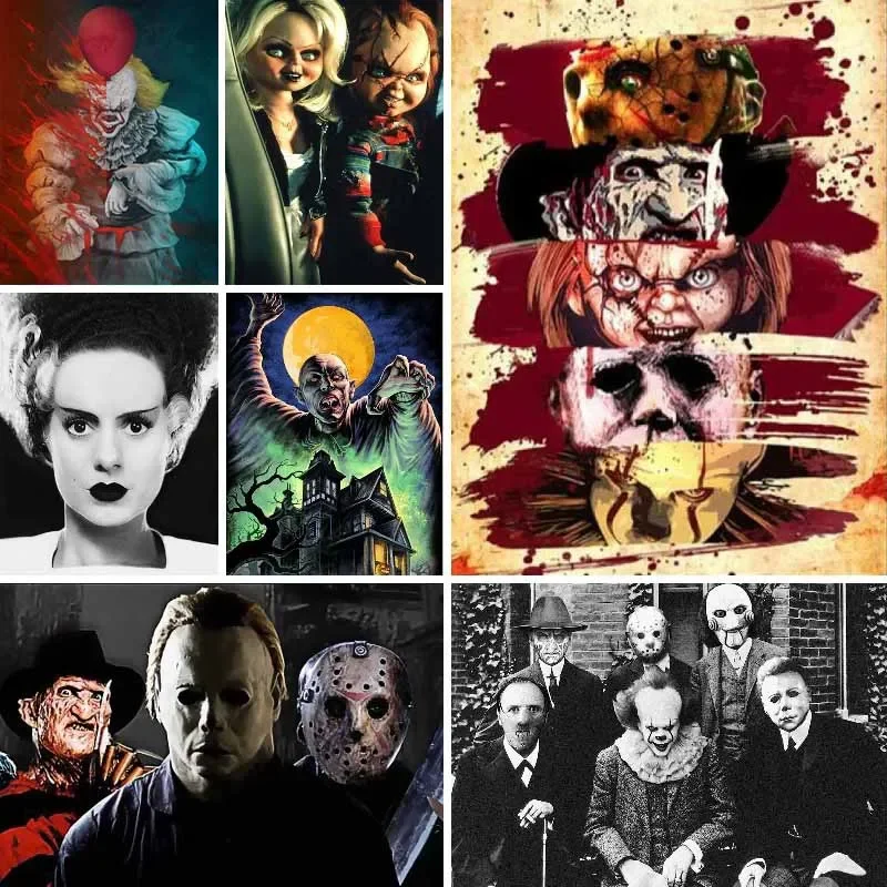 

New 5D Full Diamond Painting Vintage Horror Monster Film Poster Mosaic Diamond Embroidery Creepy Classic Scary Movies Figures