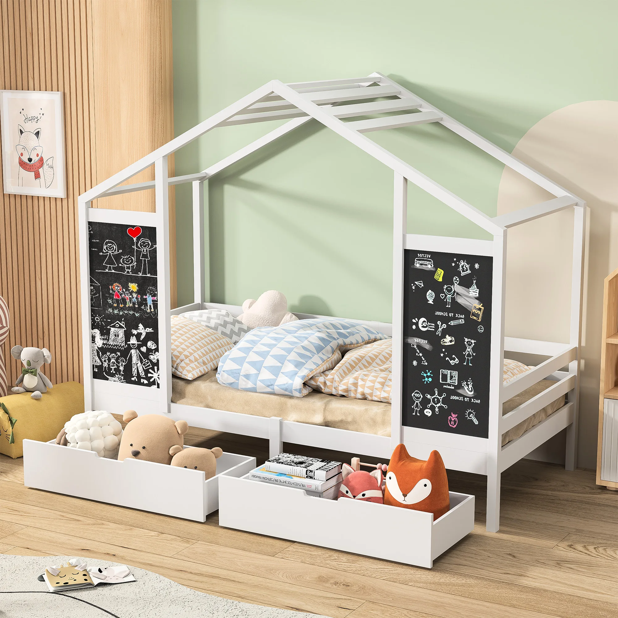 Children's House Bed 90 x 200 cm,with 2 Drawers and 2 Panels, Including Roof Structure,Solid Wood Cot Bed,white