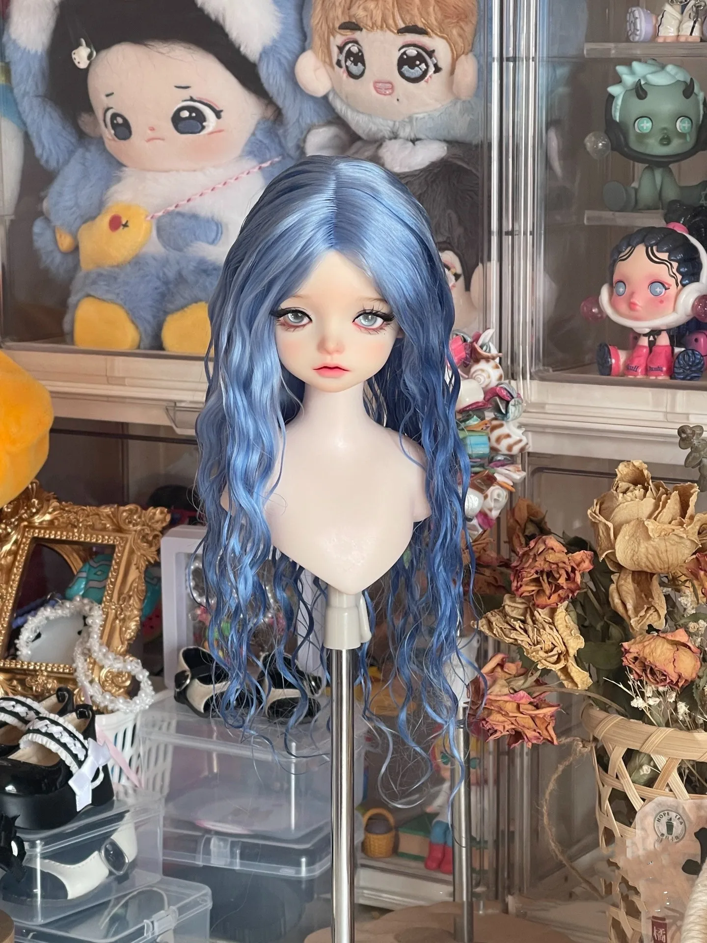 Grayish blue doll hair 1/4 BJD wig curly mohair free shipping​