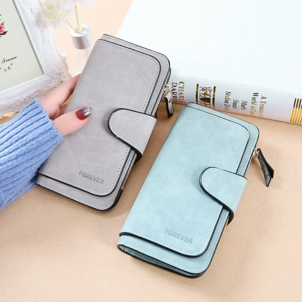 Simple Frosted Three Folding Wallet Hasp Zipper Credit Card Bag Phone Bag Clutch Bag PU Leather Coin Purse Travel