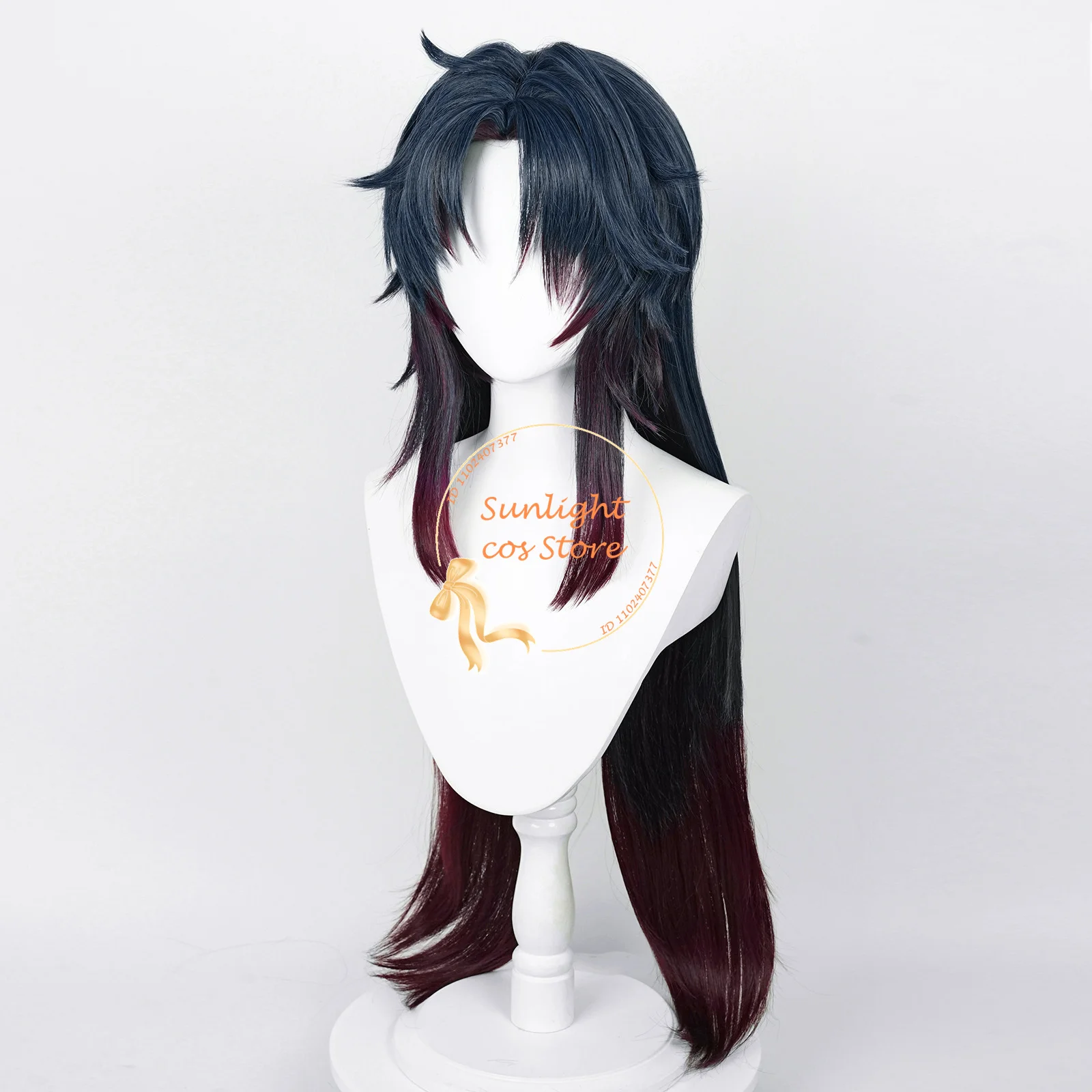 Anime Blade Cosplay Wig 100cm Dark Blue Gradient Red Wigs With Earrings Heat Resistant Synthetic Hair Halloween Wigs + Wig Cap