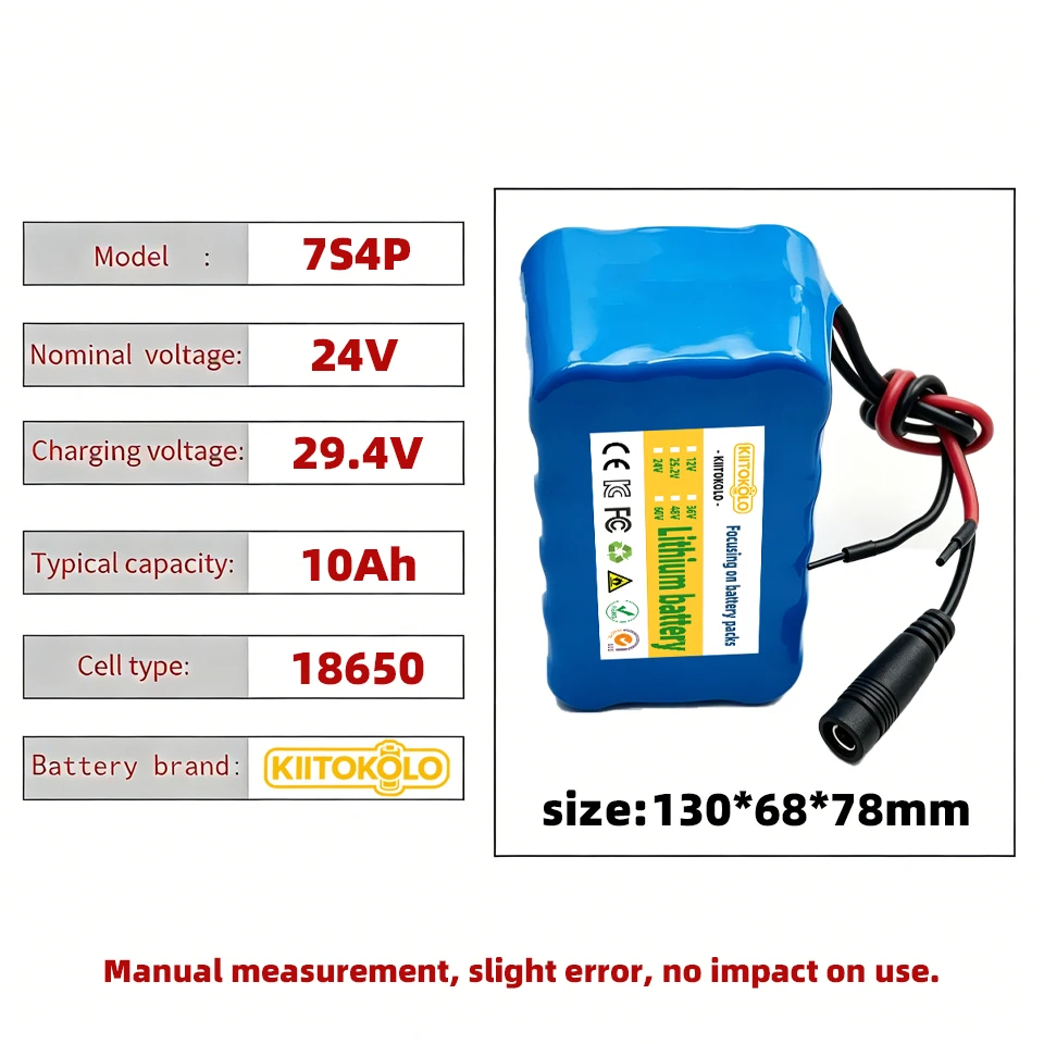 24V 10Ah 7S4P Rechargeable Li-Ion Battery Pack with BMS & 2A Charger for Electric Bicycle E-Bike Scooter Wheelchair Toy Car