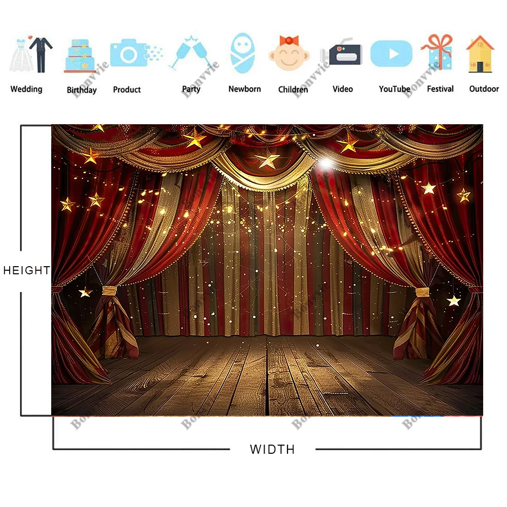 Bonvvie Red Curtain Stage Light Circus Tent Baby Birthday Party Photography Backdrops Photo Backgrounds Photozone Photo Studio