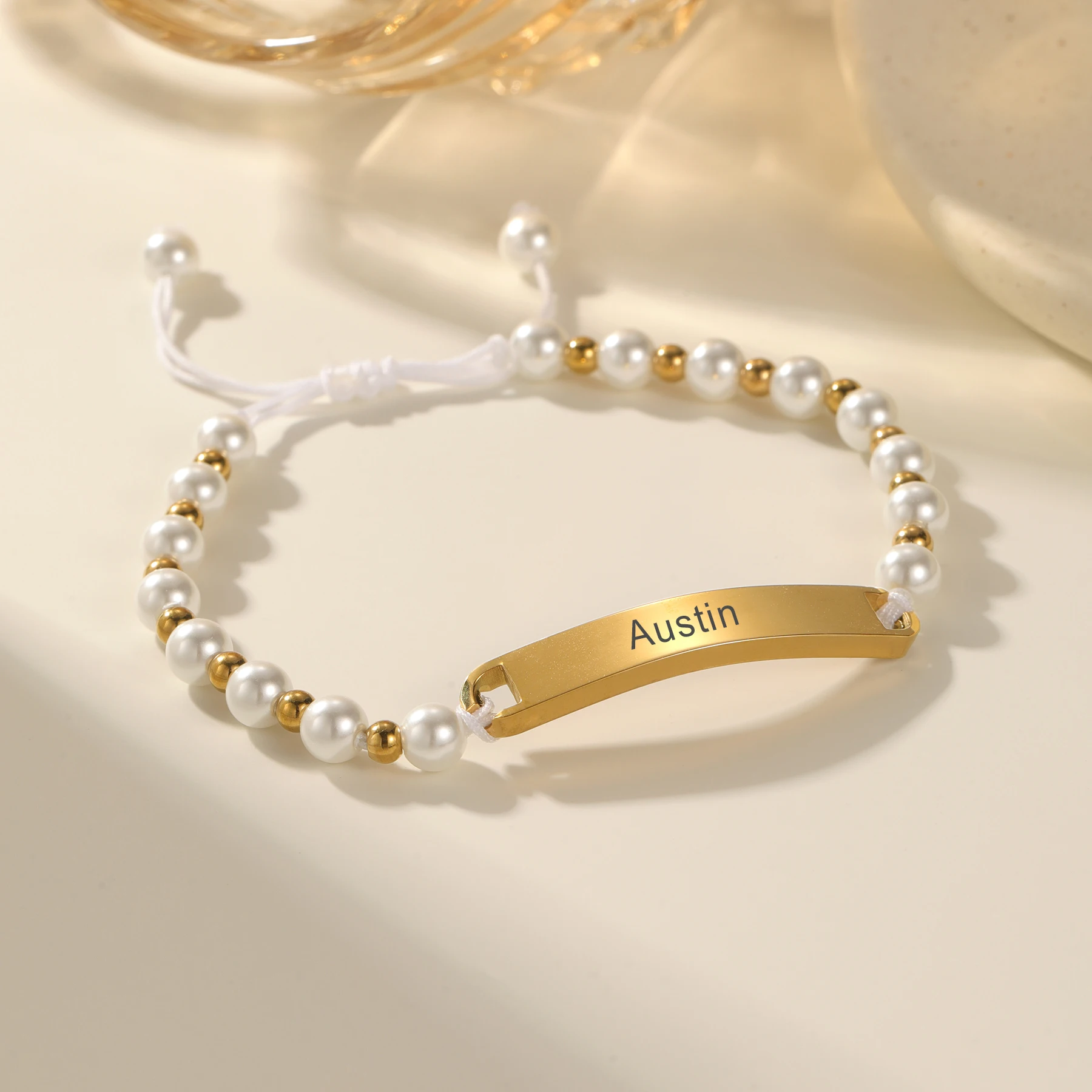 Custom Name Bracelet Pearl Chain Adjustable Rope 18K Gold Plated Personalized Engraved Name Jewelry Gift for Women Her