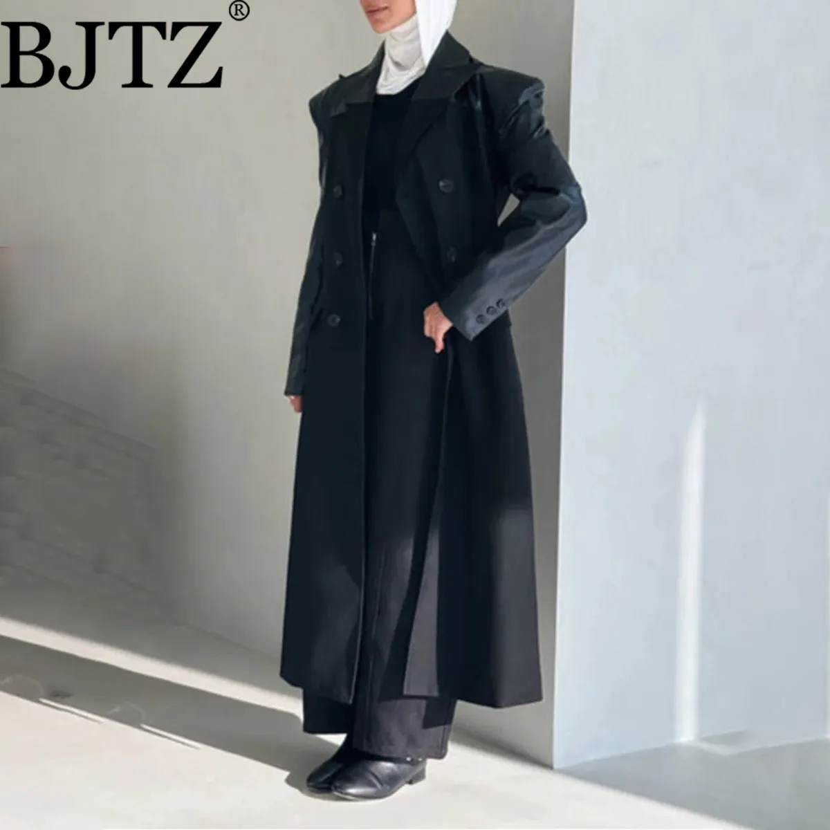 

BJTZ 2025 Spring Autumn New PU Leather Spliced Designer Trench Jacket For Woman Mid-length Loose Fit Temperament Female Overcoat