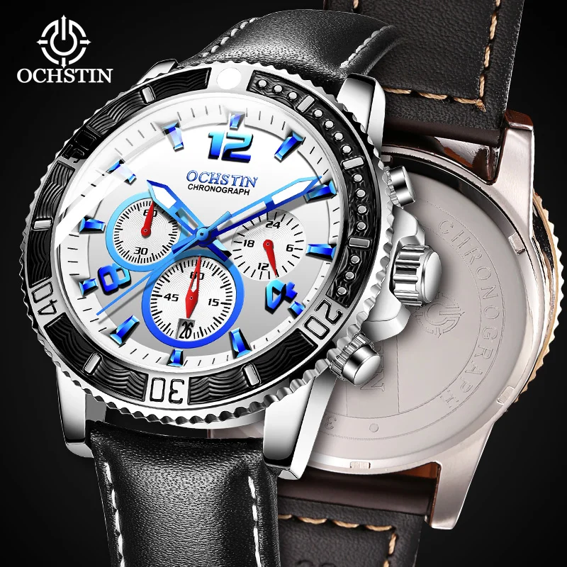 OCHSTIN Men's Upscale Business Pilot Quartz Watch Man Alloy Frame Flexible Long-service Genuine Leather Strap Wristwatch