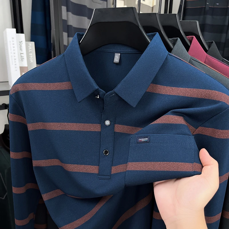 Autumn Men's Long-Sleeved Polo Shirt Lapel Button Striped Pocket Design Casual Fashion Men's Undershirt