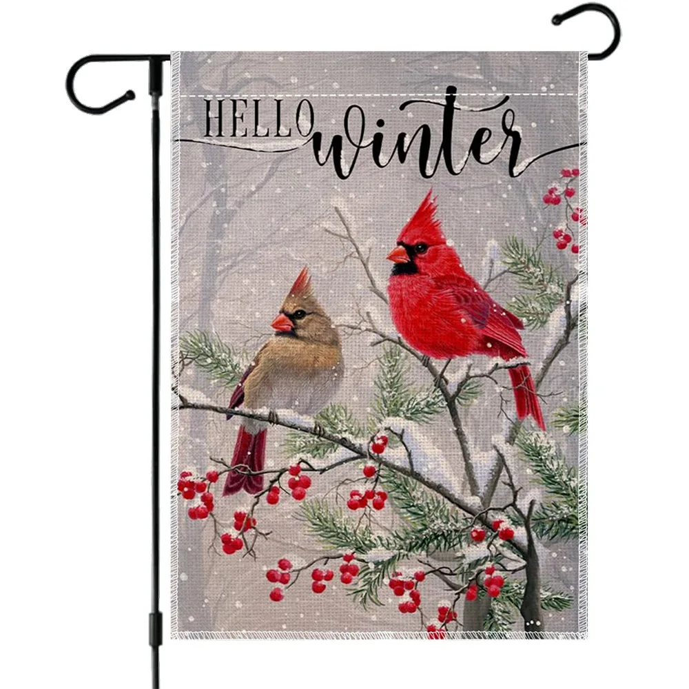 Winter Cardinal Bird Garden Flag, Vertical Double Sided, Farmhouse, Trees, Snow, Christmas, Outside Decor, Burlap, Yard, 12x18