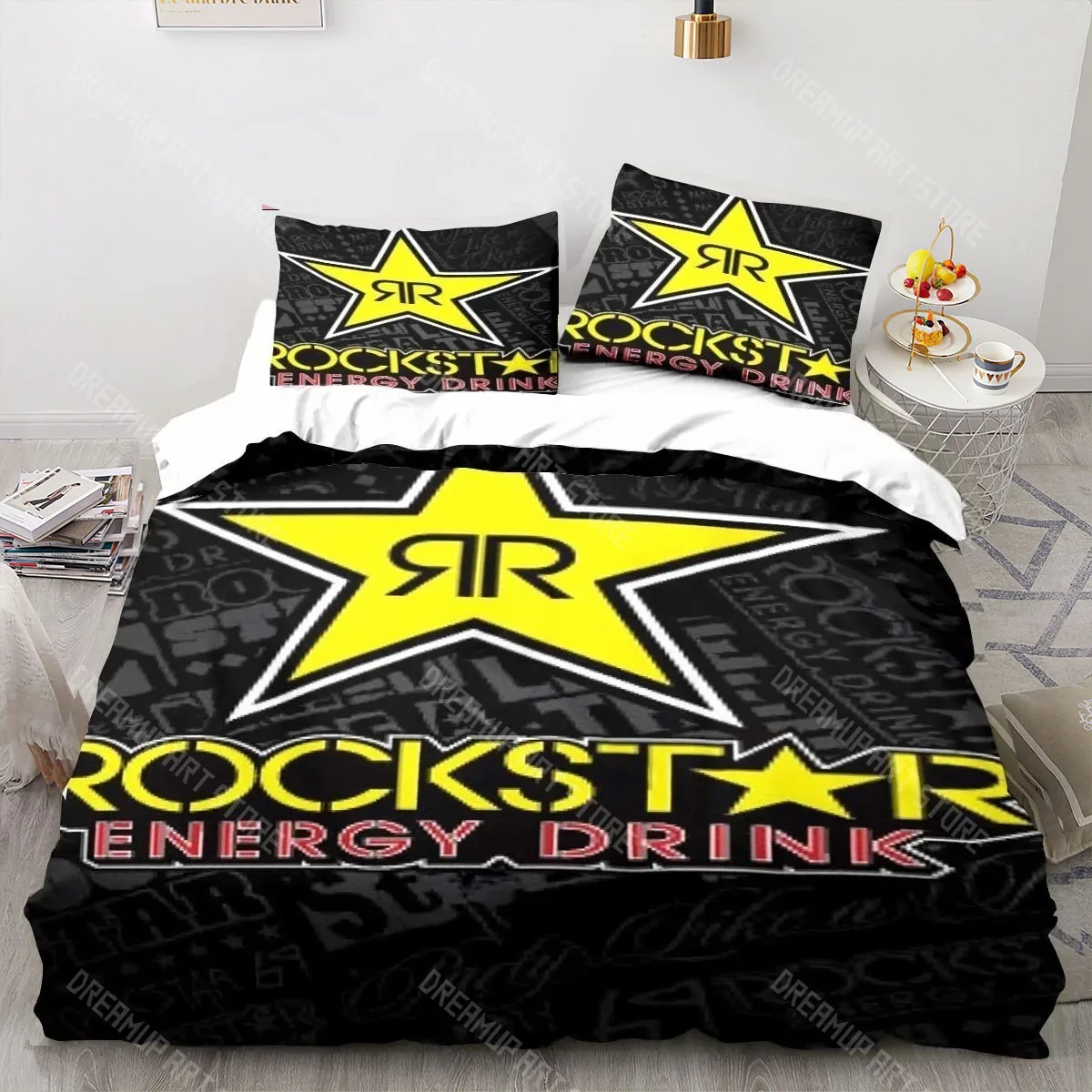 Juego de Ropa de Cama con Diseño de Bebidas Impresas en 3D, R-Rockstar Energy, para Niños y Niñas, Funda de Edredón, Funda de Almohada, Tamaños Individual, Matrimonial, Queen, King