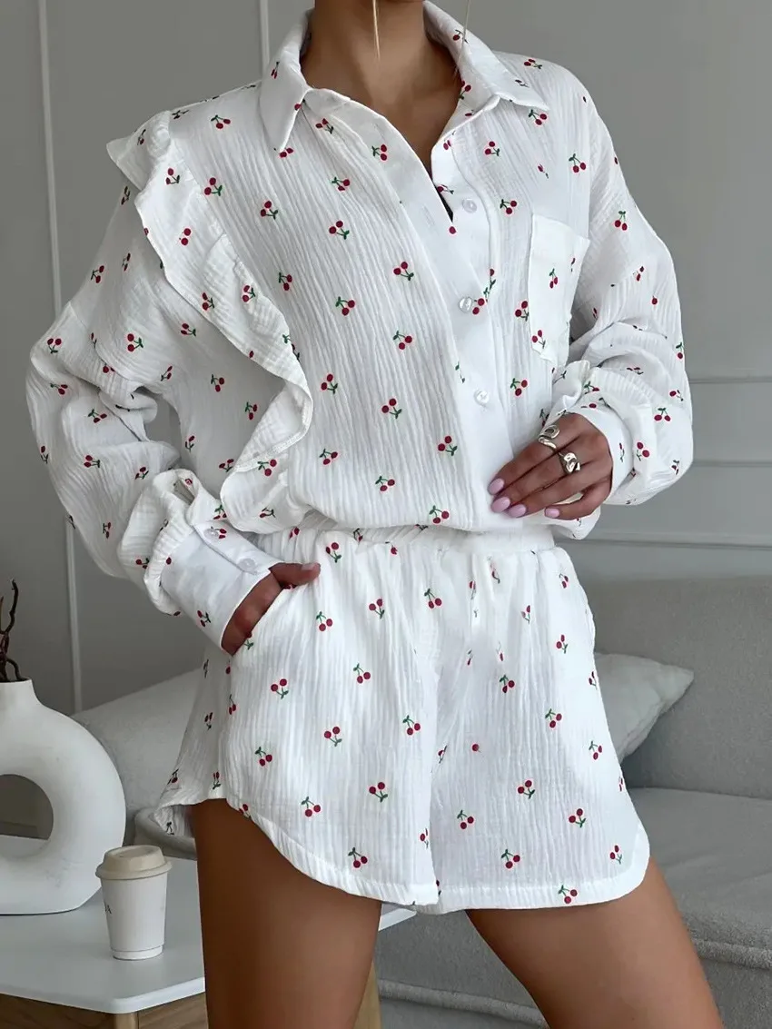 Marthaqiqi Fashion Printing Ladies Pajamas Set Long Sleeve Nightwear Turn-Down Collar Sleepwear Shorts Casual Women Nightie Suit