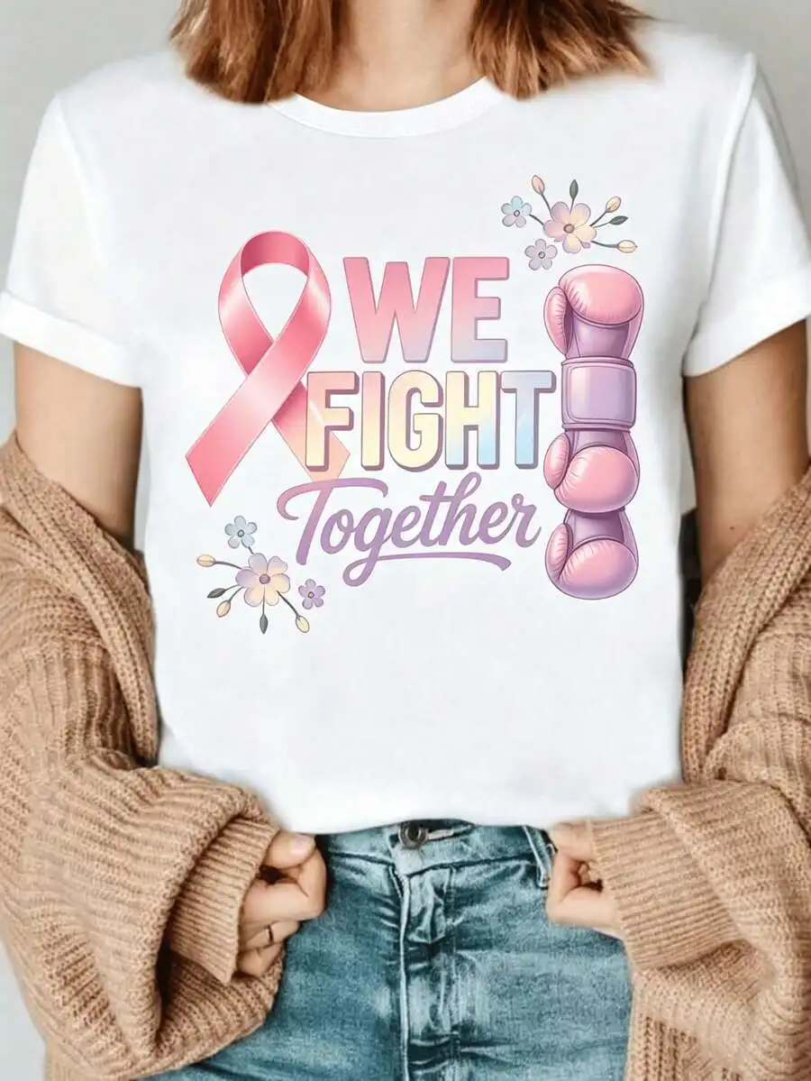 Oversized Women's Breast Cancer Awareness-Shirt - Pink Ribbon & Floral Support Tee With Ribbon & Design, Soft Stretchy Pink Shirt Charity Walks,