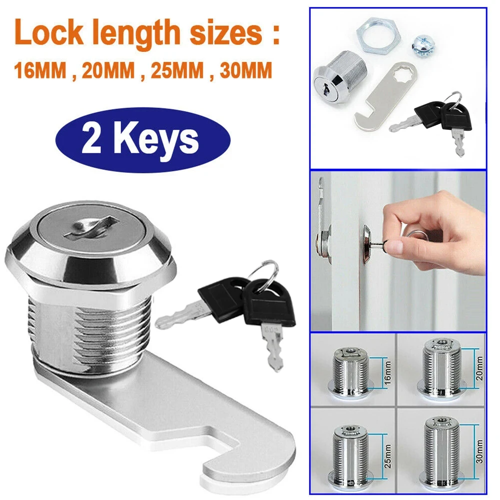 Zinc Alloy Door Lock for Cabinet, Mailbox, Barrel Drawer, Cupboard Locker, Glass Doors, 2 Keys, 16mm, 20mm, 25mm, 30mm