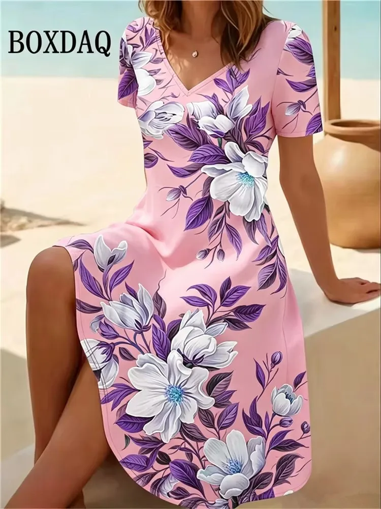 Vestidos de talla grande 6XL para mujer, vestido informal de verano para playa, vestido vintage bohemio con estampado floral, vestido holgado de manga corta con cuello en V, Vestidos