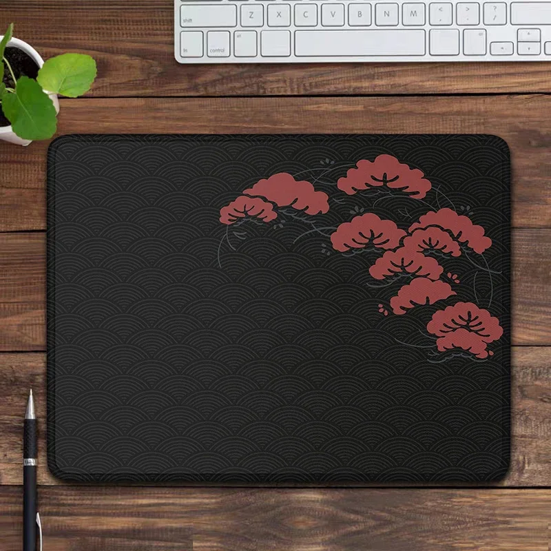 

Japanese Mousepad Black and Red Small Desk Mat Aesthetic Japan Art Anime Tree Cloud and Waves Gaming Deskmat Computer Mouse Pad