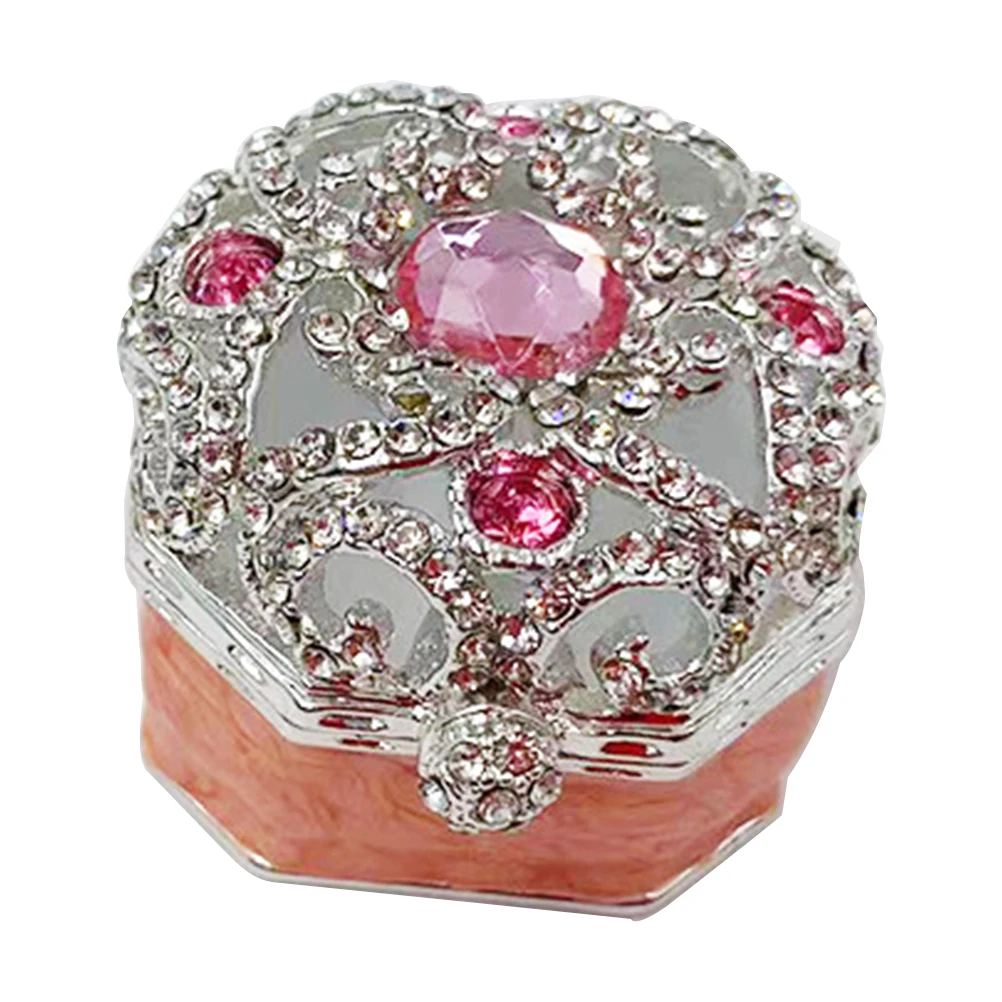 

Elegant Octagonal Rhinestone Trinket Box Jewelry Storage Case For Rings Earrings Vintage Decorative Metal Box Retro Alloy