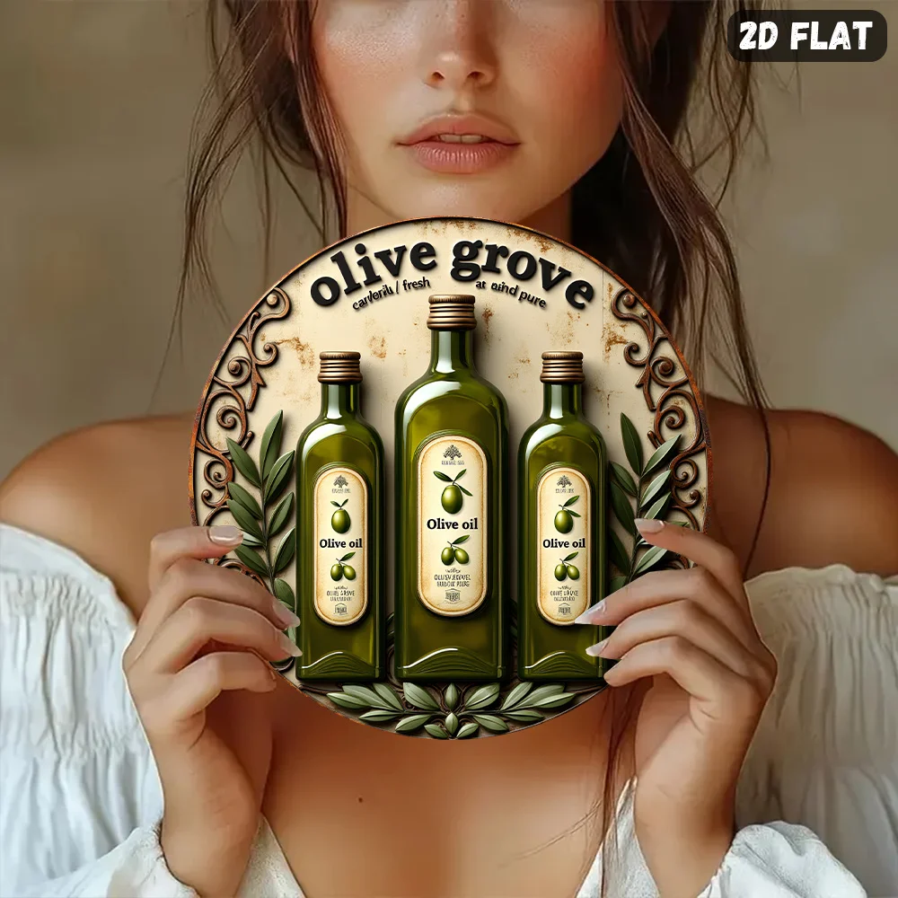 2D Flat Metal Sign, Aluminum Wall Art for Home Decor, Vintage Olive Grove Print for Kitchen Office Garden