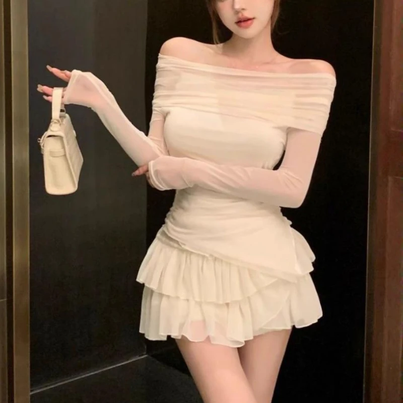 Women Sets High Waist Cake Skirt Irregular Off-shoulder Top Two-piece Gentle Stylish Cozy Sweet Spicy Girls Ulzzang Trendy Ins