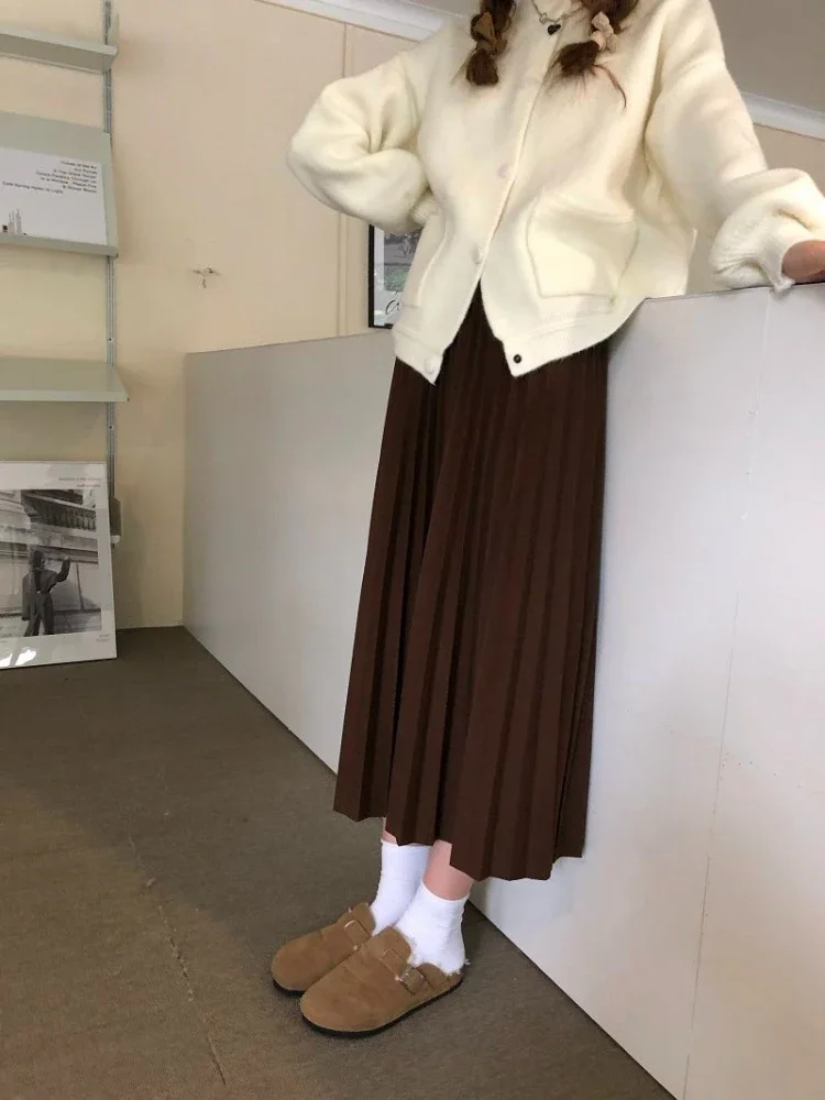 Skirts Women Trendy Pleated Midi All-match Faldas De Mujer Feminine High Waisted Preppy Style Temperament Popular Korean Solid