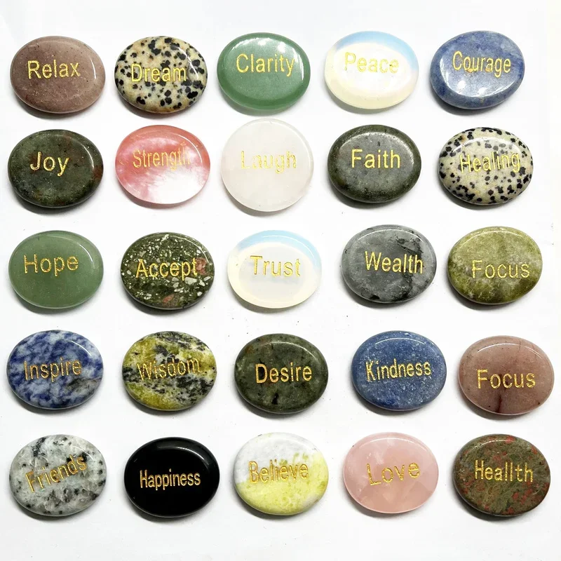 50pcs Lettered Hope Dream Heaklng Oval Worry Stone Thumb Natural Crystal Therapy Reiki Treatment Spiritual Minerals Massage