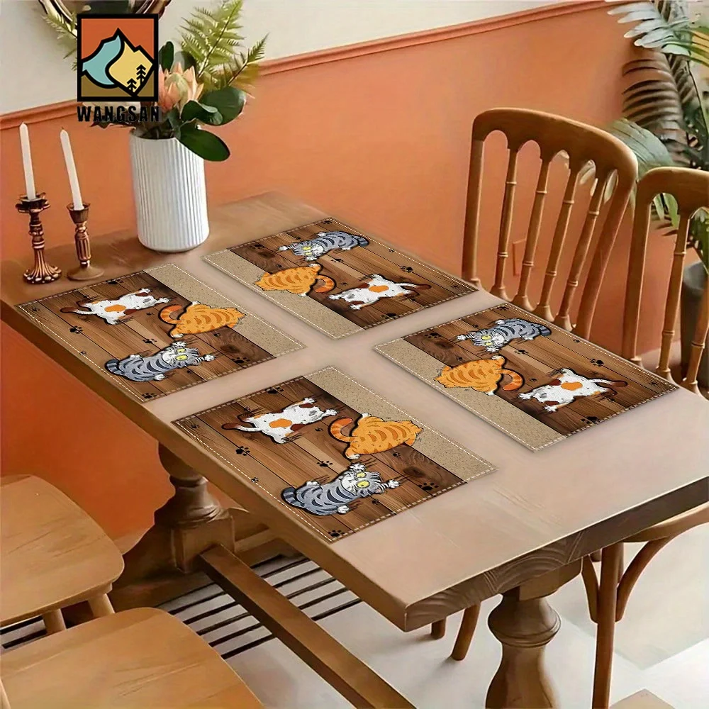 Cartoon Playful Cat Wooden Texture Heat Resistant Washable Table Placemats Kitchen Dining Decor 4 Piece Set