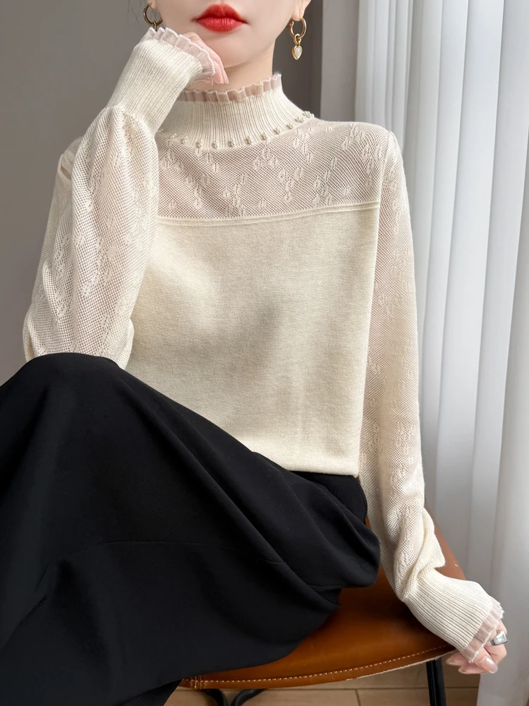 

Ele Spun шерстяной кружевной свитер High Ne вязаный женский свободный базовый свитер мягкий теплый длинный свек круглый Ne повседневная одежда