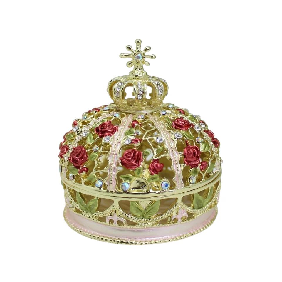 SHINNYGIFTS Hand Painted Enameled Rose Crown Decorative Hinged Jewelry Trinket Box Unique Gift for Girls Womens Home Decor