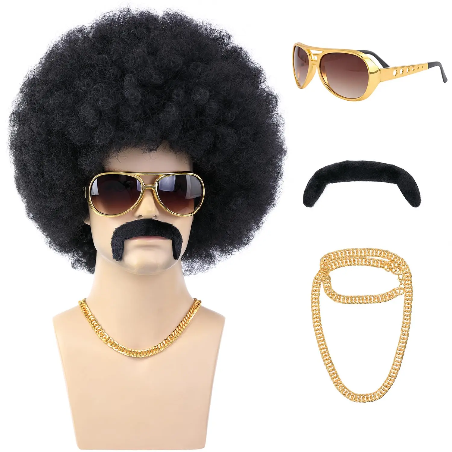 

70S Men’s Afro Synthetic Wig for Disco Party 5pcs Set ( Glasses+ Necklace+ Mustache+ Wig Cap) Black Hippie Afro Curly Retro Use