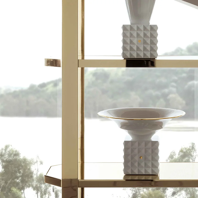 Estante Decorativa Multifuncional de Luxo Moderna com Inserto Central e Detalhes em Metal de Aço Inoxidável Italiano Personalizável