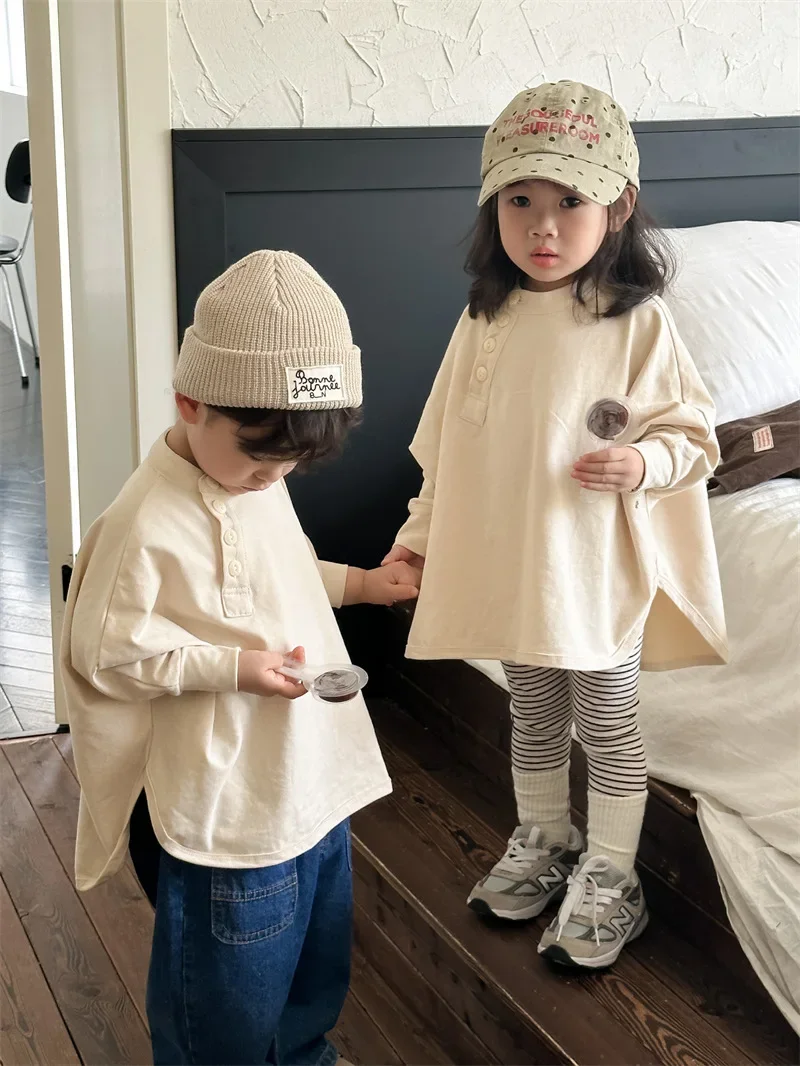 

Children T Shirt Autumn 2023 New Cotton Brushed Solid Color Boy's T-shirt Bat Sleeve Girl's Pullovers Oblique Placket Tops